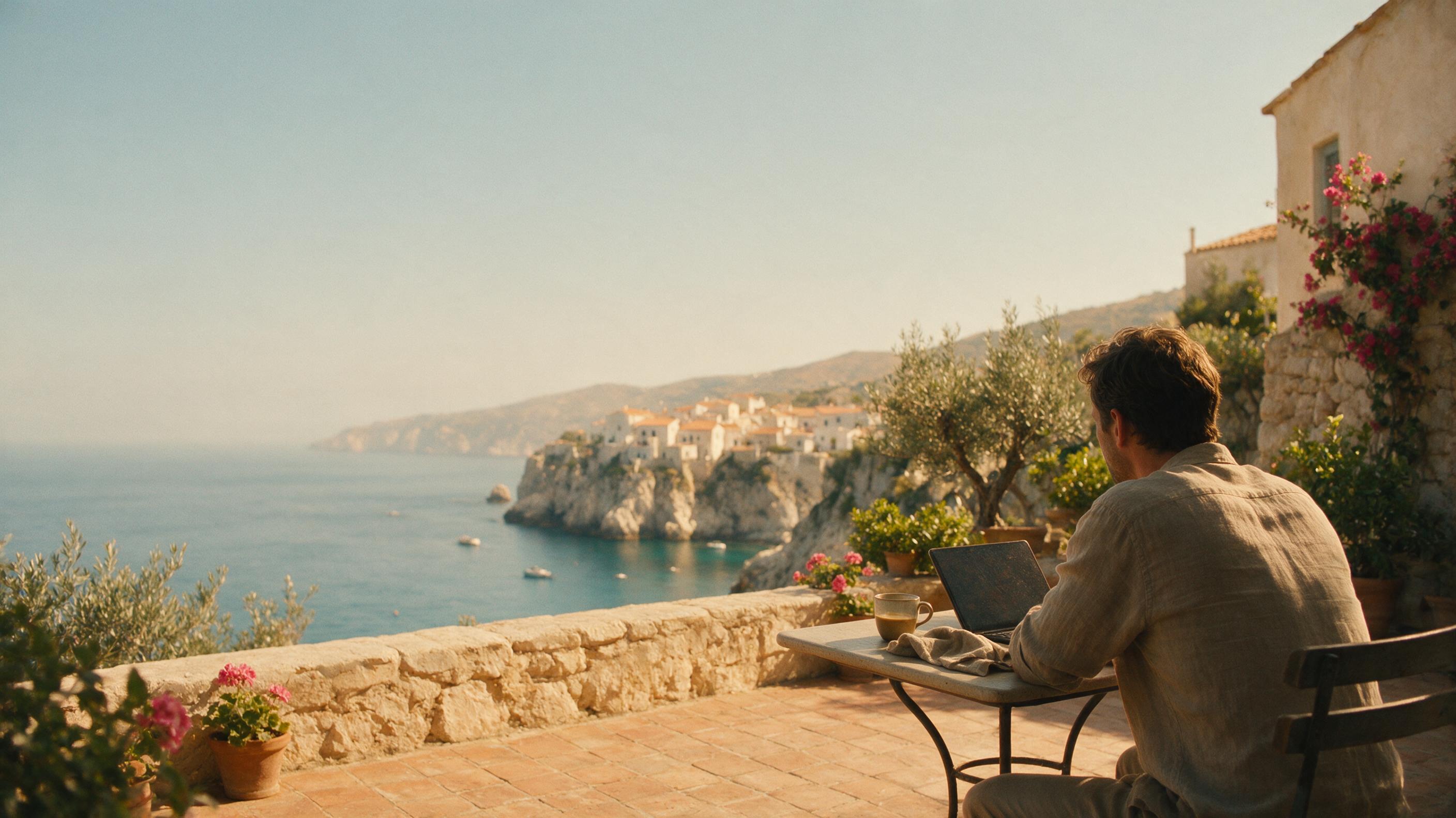 A man working remotely from a clifftop terrace on the Mediterranean coast, laptop and coffee on the table, sea and village behind him